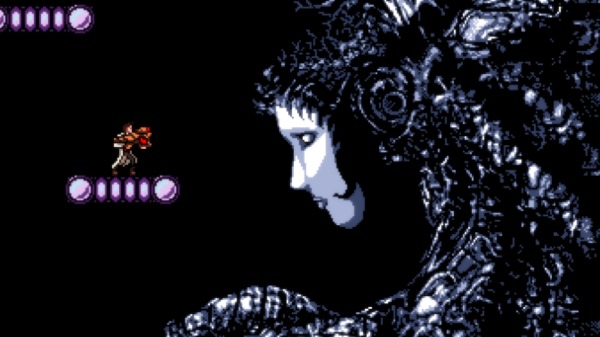 Trace from Axiom Verge stands looking at a giant white face. Trace is an outlaw archetype.