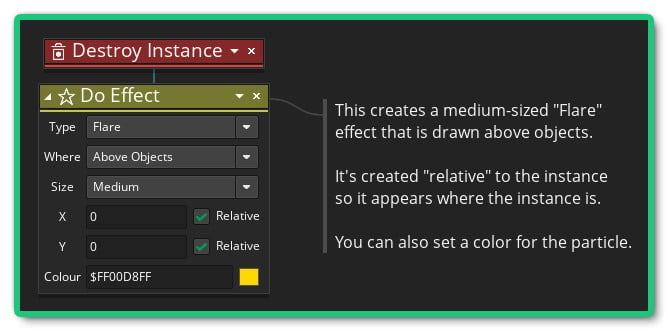 Destroy Instance, Do Effect: Flare, Above Objects, Medium, Relative, Relative, Yellow