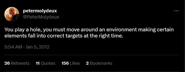 Peter Molydeux Tweet: 'You play a hole, you must move around an environment making certain elements fall into correct targets'